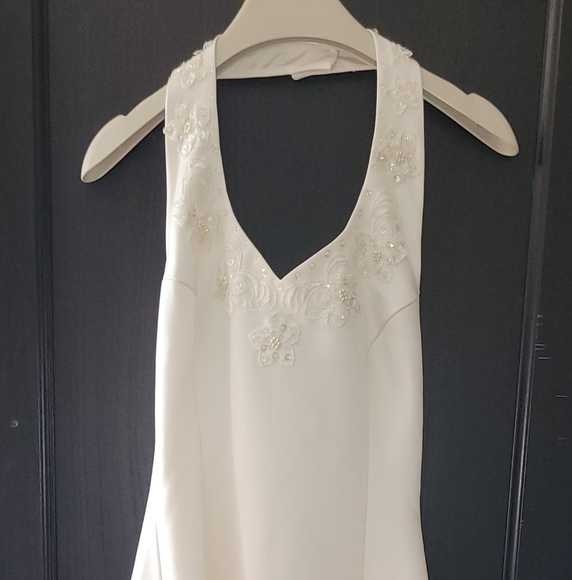 Wedding Dress custom made, fit and flare, ivory satin, lined, halter top SzSmall - Picture 1 of 6